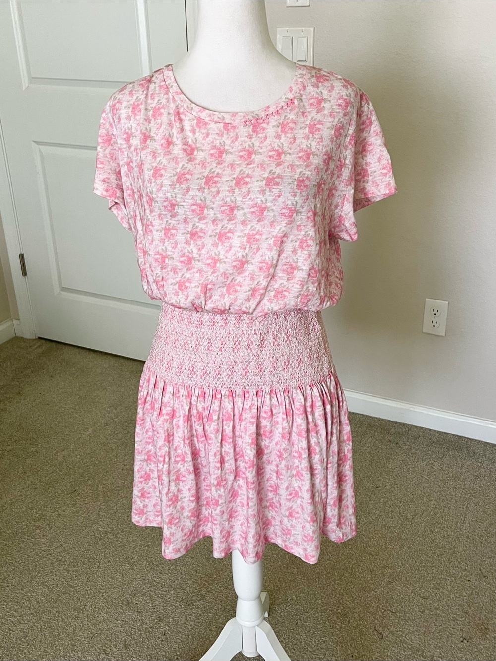 NWT LoveShackFancy Amore Rose Patch Pink Floral Smocked Waist Mini Dress Size S